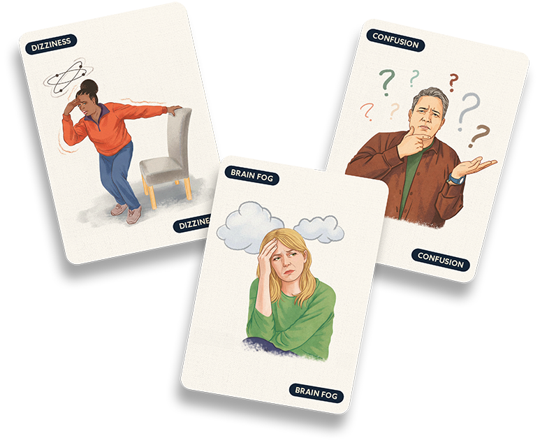 Illustration of a person experiencing dizziness, confused, and holding their head with a cloud symbolizing brain fog