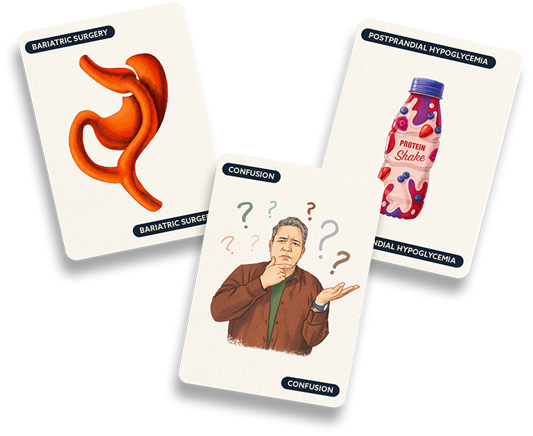 Illustration of a protein shake bottle, altered stomach anatomy, and a person looking confused with question marks around their head