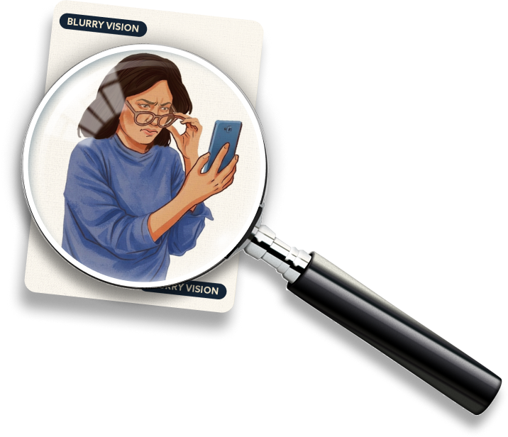 Illustration of person looking at a mobile phone through magnified view