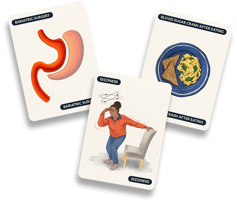 Illustration of stomach anatomy, plated meal, and person experiencing dizziness