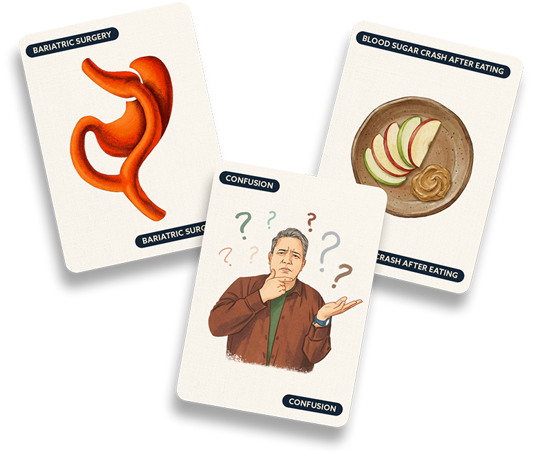 Illustration of stomach anatomy, meal imagery, and person appearing confused