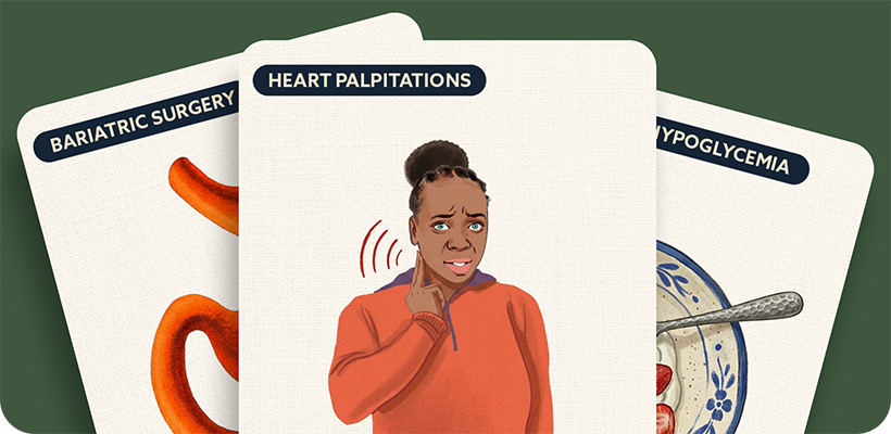 Illustration of stomach, person experiencing symptoms, and meal plate