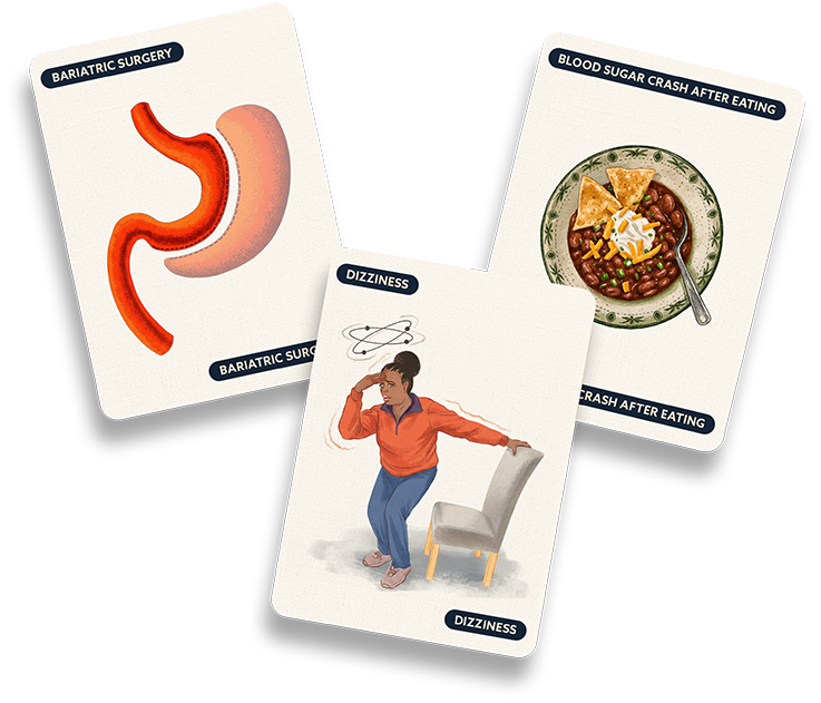 Illustration of stomach anatomy, meal imagery, and person experiencing dizziness
