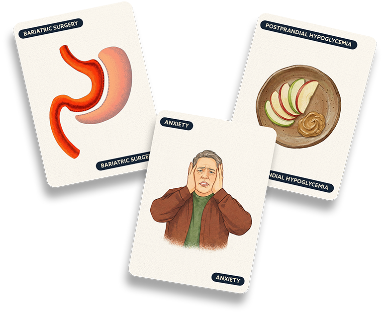 llustration of stomach anatomy, plated meal, and a person holding hands to their face