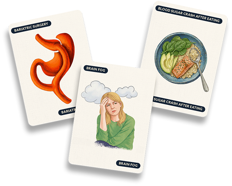Illustrations of stomach anatomy, woman with her hand on her head, and food on a plate