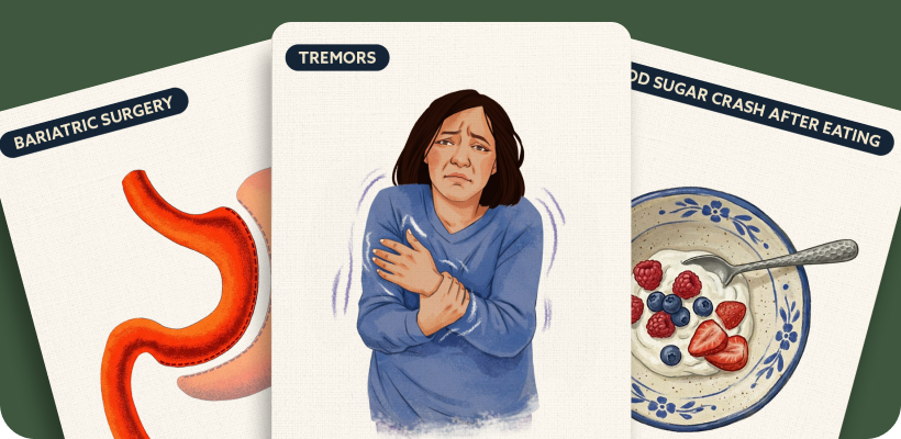 Illustration of stomach anatomy, symptom experience, and meal imagery