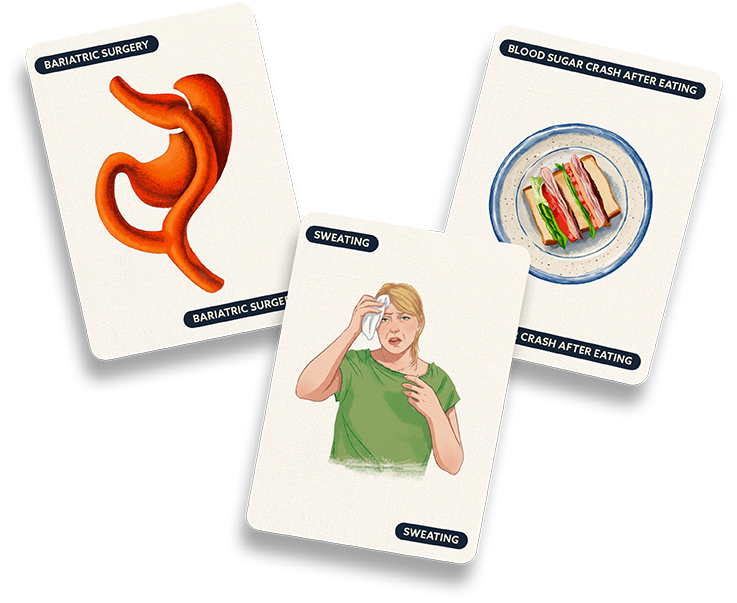 Illustration of stomach anatomy, meal imagery, and person sweating