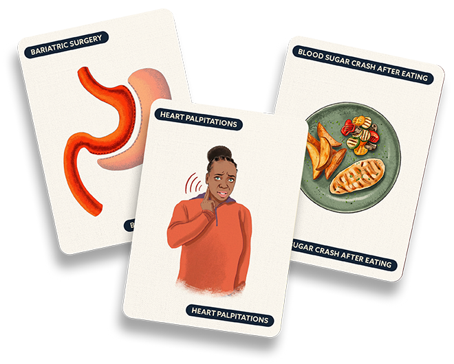 Illustration of stomach anatomy, meal imagery, and person experiencing symptoms