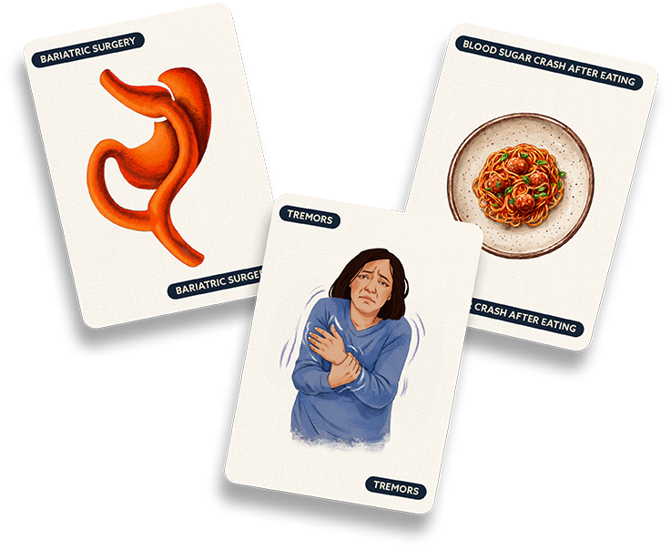 Illustration of stomach anatomy, meal imagery, and person experiencing tremors