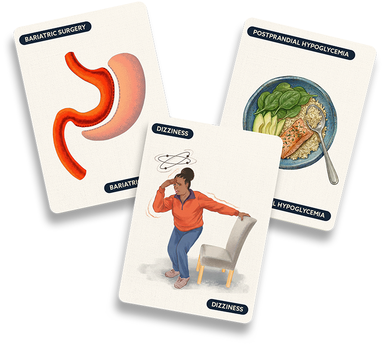 Illustration of a plated meal with food, altered stomach anatomy following bariatric surgery, and a person experiencing dizziness