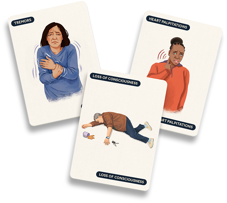 Illustration of a person experiencing shaking or tremors, touching their chest, and a person collapsed