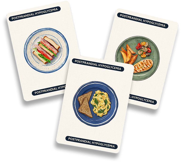 Illustration of a sandwich on a plate, eggs with toast on a plate, and chicken, vegetables, and sweet potatoes on a plate