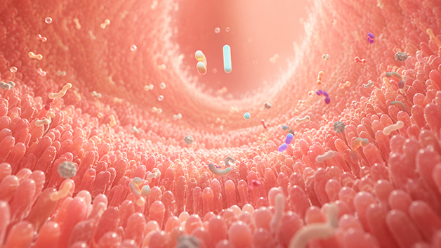 Illustration showing intestinal environment with microbes and cellular activity