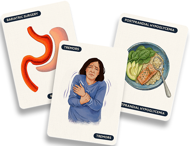 Illustration of stomach anatomy, plated meal, and a person experiencing shaking