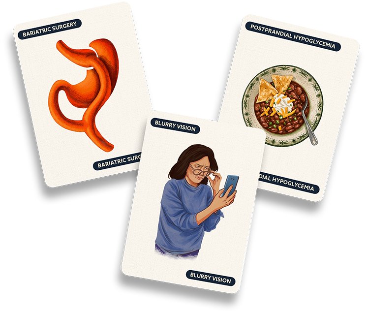 Illustration of a bowl of chili, altered stomach anatomy, a person experiencing difficulty seeing