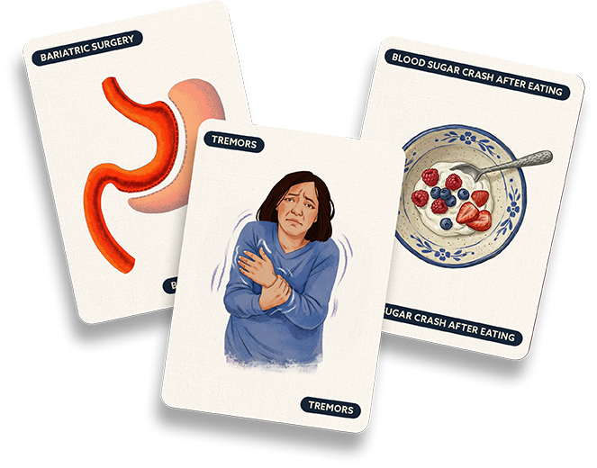 Illustration of stomach anatomy, symptom experience, and meal imagery