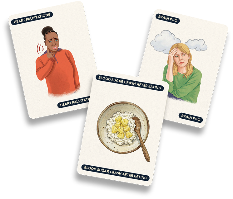 Illustration of symptom experience, meal imagery, and supportive care concepts